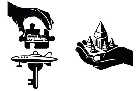 Hand holding a toy rocket and a ship. Black and white vector illustration.のイラスト素材