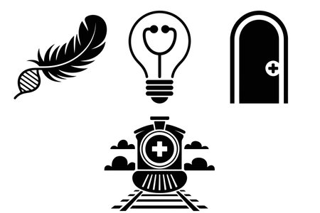 Set of simple icons of railway, lightbulb, feather, lamp, door, bird and other elements.のイラスト素材