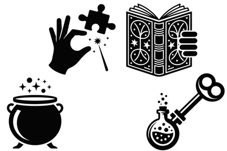 Magic book, magic wand, magic potion, magic potion, halloween iconのイラスト素材