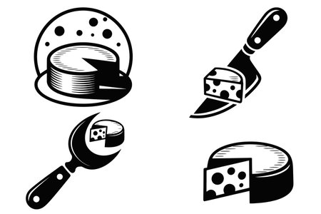 Cheese icons set, black and white design. Vector illustration.のイラスト素材
