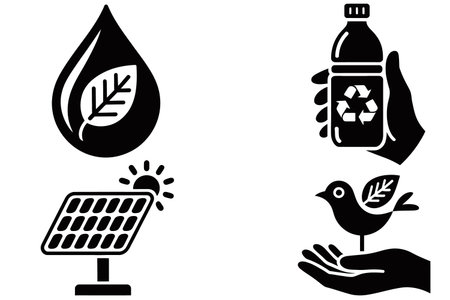 Ecology icons set with solar panel, bird, leaf and water dropのイラスト素材