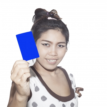 woman holding a business cardの写真素材