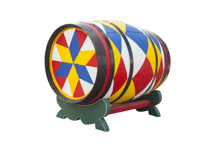 Wooden colourful barrel with iron rings. Isolated on white backgroundの写真素材