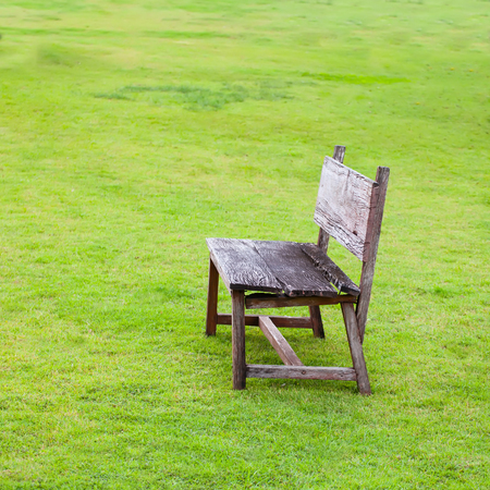 Wood chair on Green Grass Out Doorの写真素材