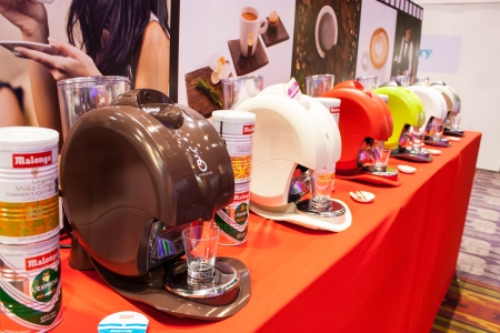 BANGKOK - DECEMBER 14 : Free test coffee maker machines at The 1st 
Bonjour French Fair on December 14, 2013 in Bangkok, Thailand.のeditorial素材