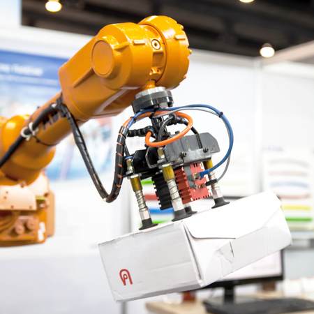 BANGKOK ,THAILAND - MAY 17: Industrial  robotic arm in ASEAN's Leading Industrial Machinery and Subcontracting Exhibition 2014,on May 17, 2014 in Bangkok, Thailand.のeditorial素材