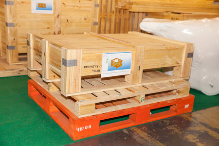 BANGKOK - JUNE 22 :Pine wood box and pallet shop   at 
Manufacturing Expo 2014 on June 22,2014 ,Bangkok, Thailand.のeditorial素材