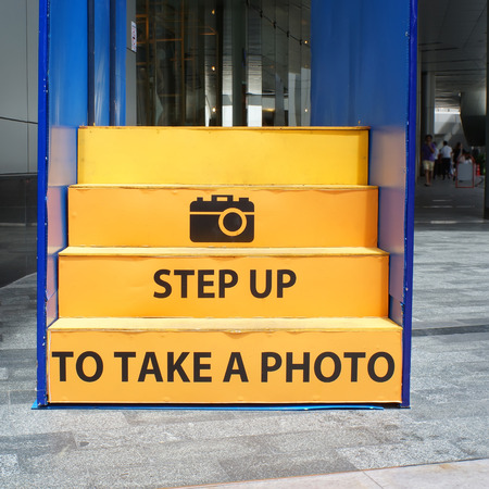 yellow staircase to take a Photoの写真素材