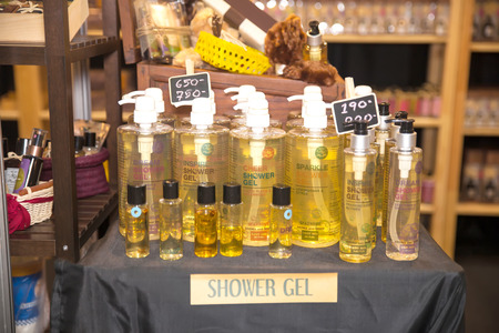 BANGKOK ,THAILAND - JANUARY 31: Face/body care concept: bottles of nature cosmetic at Made in Thailand in Focus 2015, on January 31, 2015 in Bangkok, Thailand.のeditorial素材