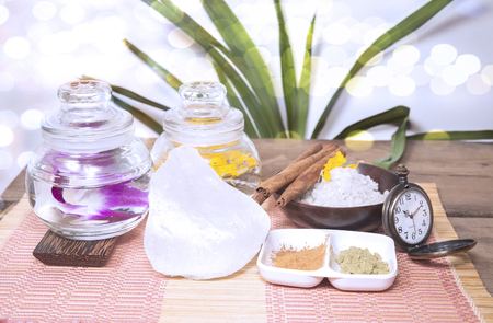 Spa setting on wood plate.の写真素材