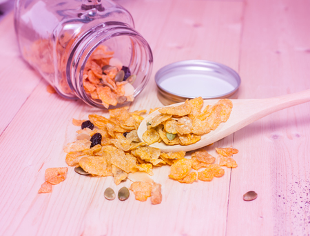 Cornflakes Caramel with milk. Selective focus, shallow DOF