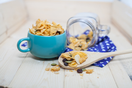 Cornflakes Caramel with milk. Selective focus, shallow DOF