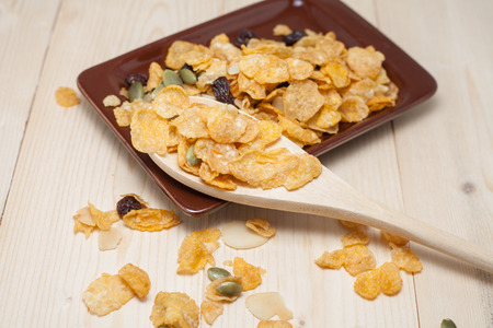 Cornflakes Caramel with milk. Selective focus, shallow DOF