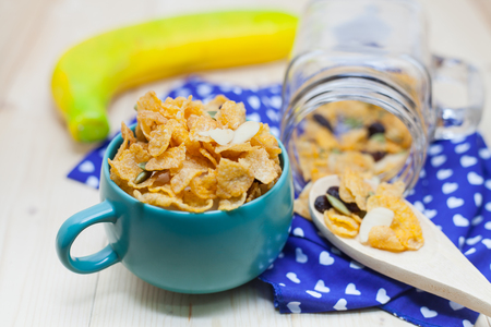 Cornflakes Caramel with milk. Selective focus, shallow DOF