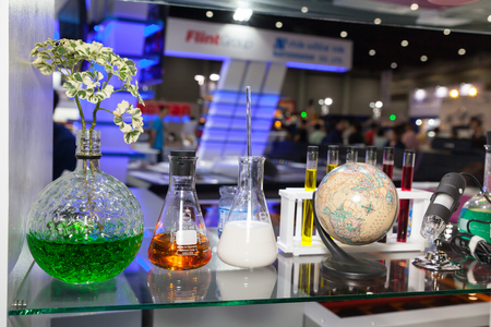 BANGKOK - AUGUST 29 :Sample of liquid mixture solution of 
plastic maker at Pack Print and T-PLAS THAILAND on Aug 29,2015 
in BITEC ,Bangkok, Thailand.のeditorial素材