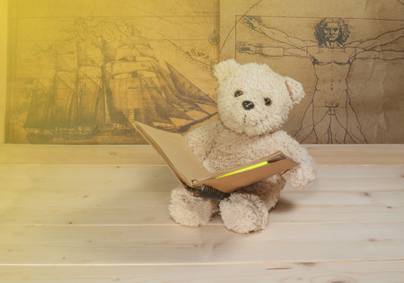 bear toy holding and reading a little bookの写真素材