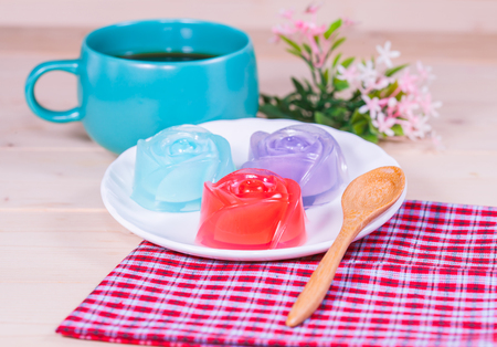 Thailand tradition ,Flower Dessert  Jelly on wood ,And color toneの写真素材