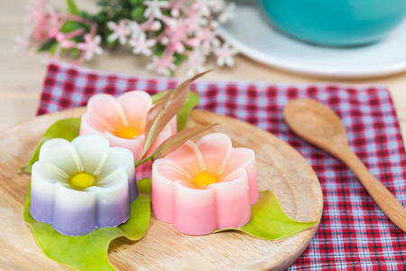 Thailand tradition ,Flower Dessert Coconut Jelly on woodの写真素材