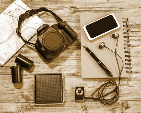 top view image of smartphone with blank screen 
,camera,booknote and eyephone .の写真素材