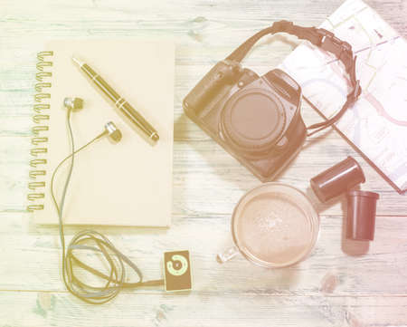 top view image of 
camera,booknote and eyephone .の写真素材