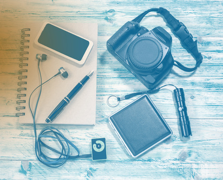 top view image of smartphone with blank screen 
,camera,booknote and eyephoneの写真素材