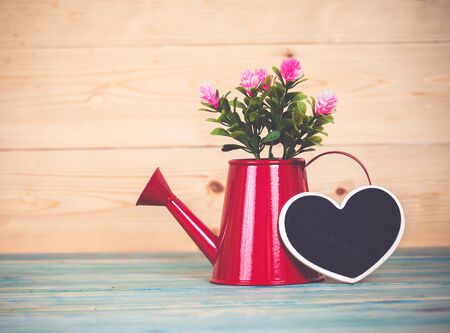 heart shape and watering on wood tableの写真素材