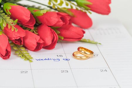 Wedding note on a calendar sets a reminder for the wedding 
dayの写真素材