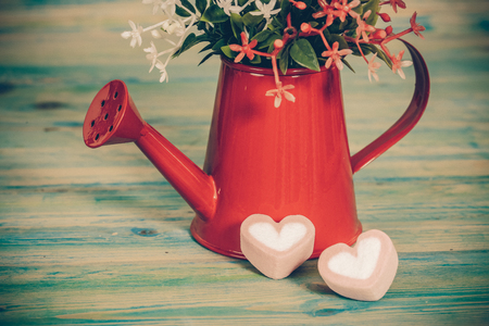 Heart shape with red watering can.Still life of love concept.の写真素材