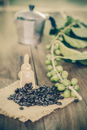 Fresh coffee and dry coffee beans on woodの写真素材