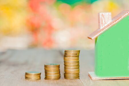 coin stack on wood backgroundの写真素材