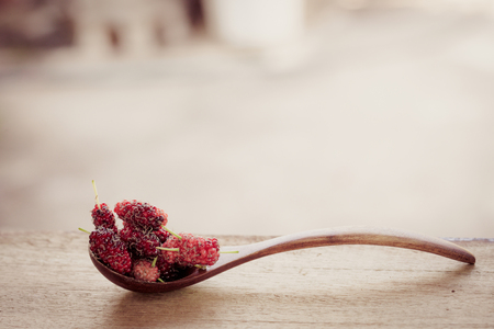 Mulberry in wood spoonの写真素材