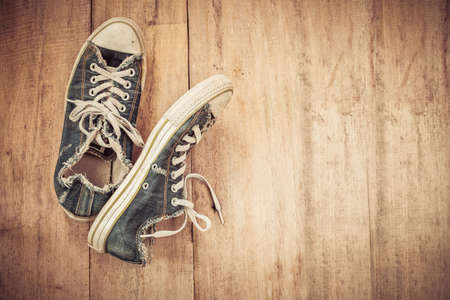 still life old shoes on woodの写真素材