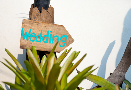 Wooden signboard with the inscription in  paint wedding. Wood hand made wedding decoration table.の写真素材