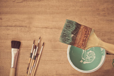 paint brush and color on woodの写真素材