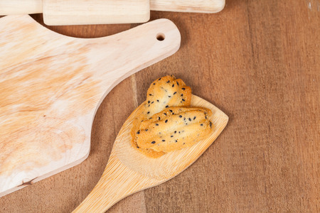 Home made a small sweet cookie with black sesame, typically round, flat, and crisp.Cookie in dish on...