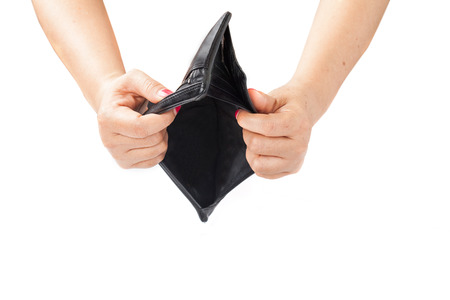 Hands emptying wallet on white background