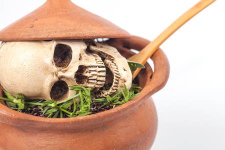 boiled skull in clay pot with some herb on whiteの写真素材