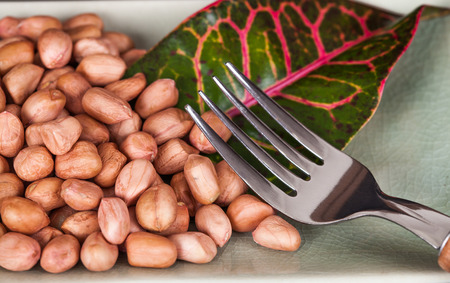 ground nut in green dish with fork on black background