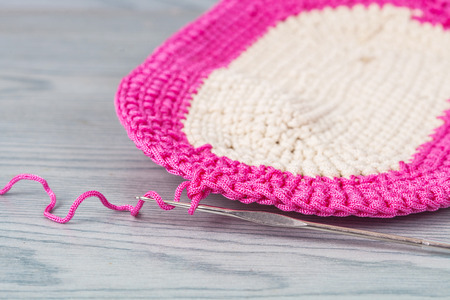 hand craft tool yarn and knitting on woodの写真素材