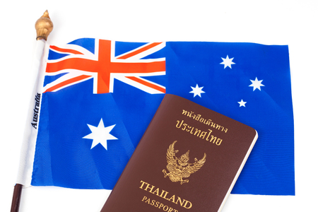 Education in Australia concept,passport on Australia flagの写真素材