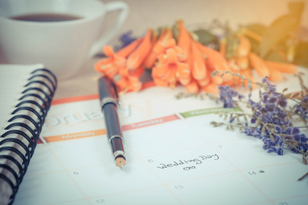 Reminder Wedding day in calendar planning and fountainの写真素材
