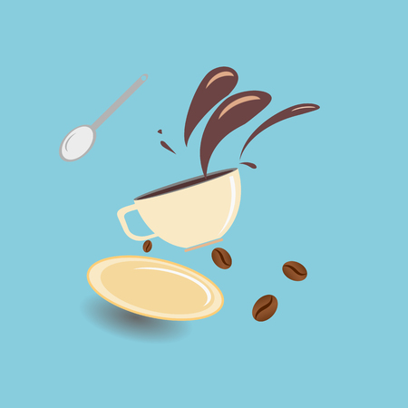 Hot coffee spilled out of the cup with coffee beansのイラスト素材