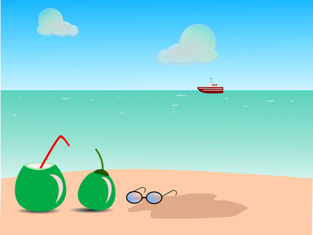 Fresh coconut with summer holiday on beach. Vector illustration.のイラスト素材