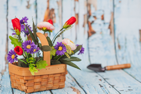 flowers in bamboo basket on wood background

の写真素材