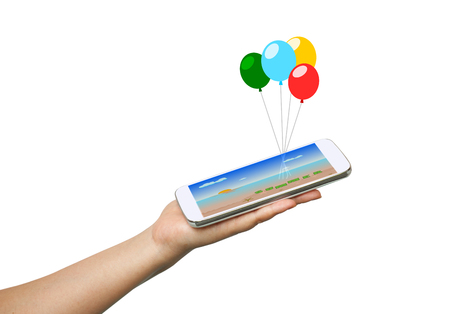 Man Hand Hold a Smart Phone to Search Place for Summer Holiday.の写真素材