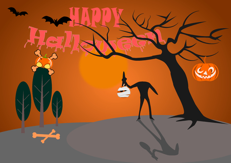 Happy Halloween text and ghost holding a pumpkin head .Illustration vector.のイラスト素材