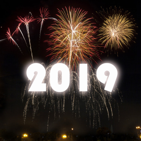 Happy New Year 2019 with colorful fireworks background.の写真素材