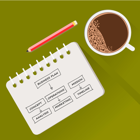 Business plan on book note with coffee cup .のイラスト素材