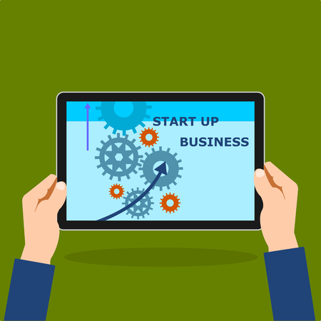 Hand hold a tablet show gear for start up business.のイラスト素材