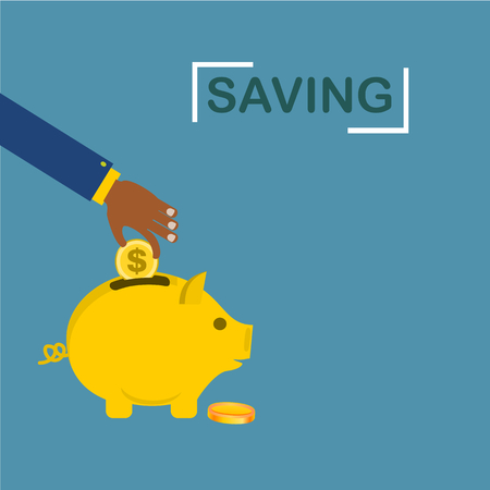 hand put money coin into piggy bank.のイラスト素材